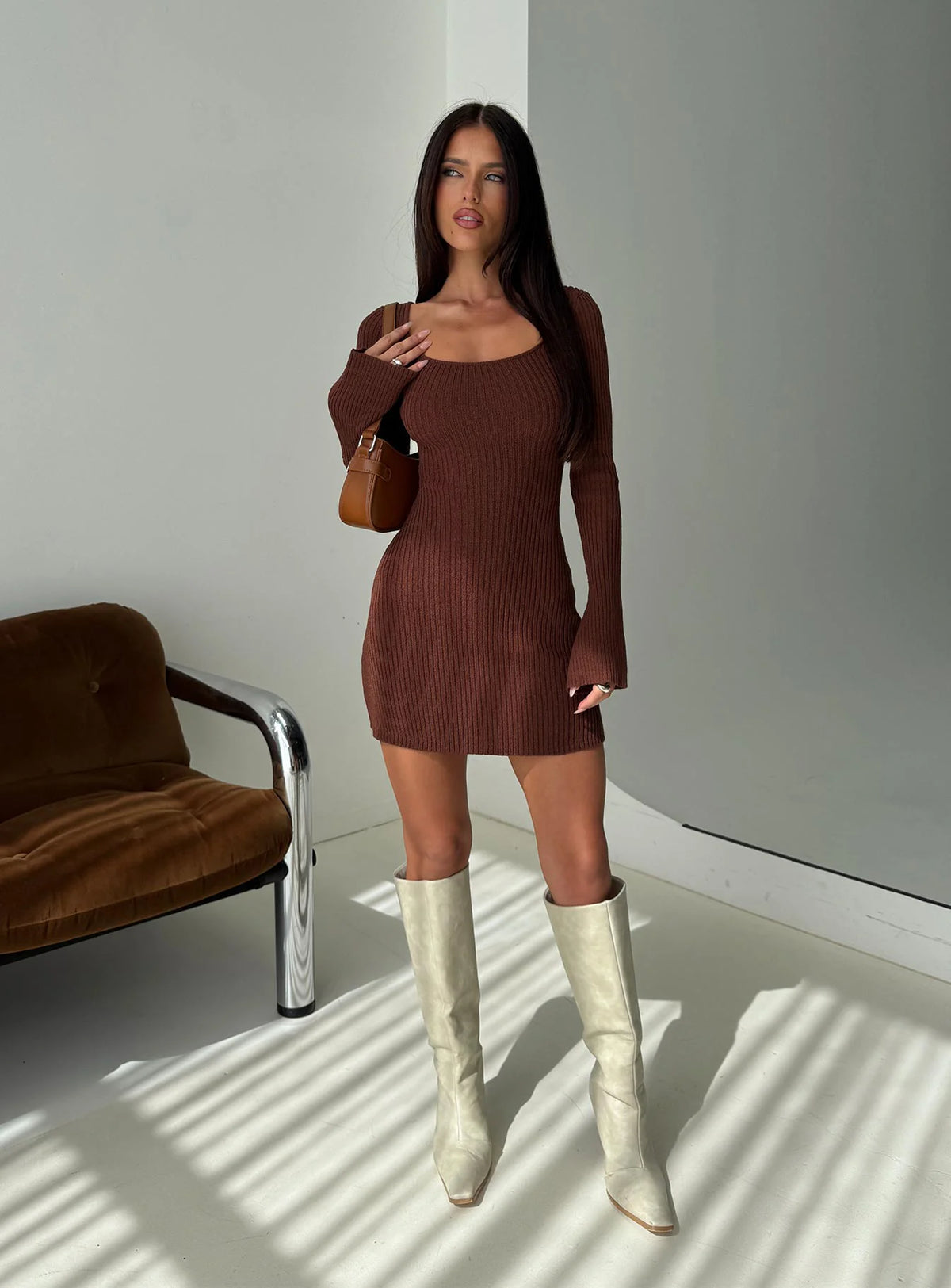 Brownhall Long Sleeve Mini Dress Mocha