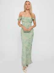 Azura Off The Shoulder Maxi Dress Green Burnout