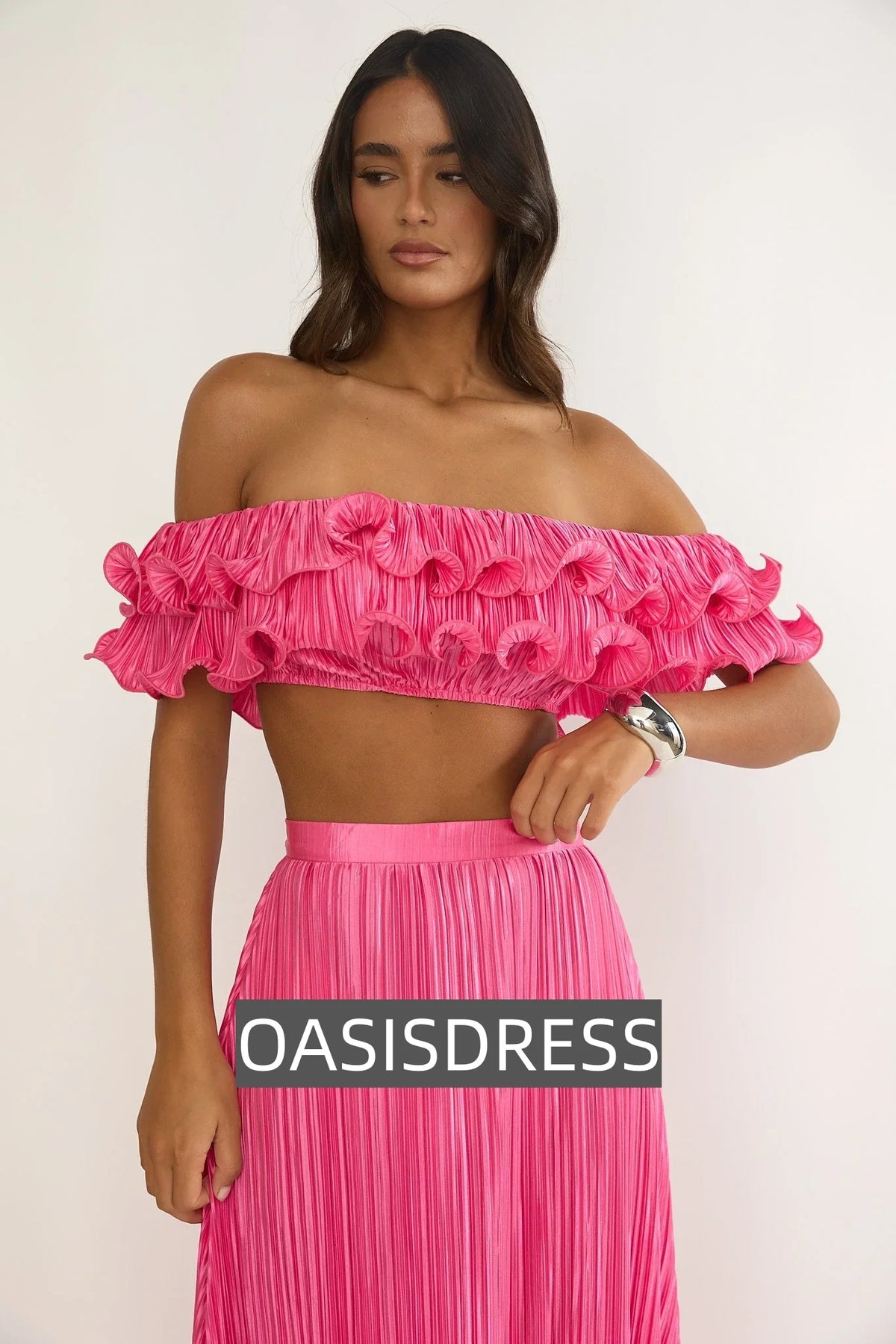 Amaria Off-Shoulder Lettuce Edge Crop Top Hot Pink