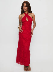 Ending Credits Halter Twist Maxi Dress Red Burnout