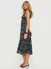 Kenadi Lace Bias Midi Dress Black Floral