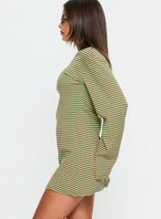 Lulolah Long Sleeve Mini Dress Green / Chocolate Stripe