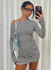 Journi Off Shoulder Long Sleeve Mini Dress Black / White Stripe