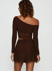 Fade To Black Off Shoulder Long Sleeve Mini Dress Chocolate