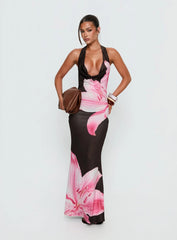 Kanara Halter Plunge Maxi Dress Chocolate / Pink Floral