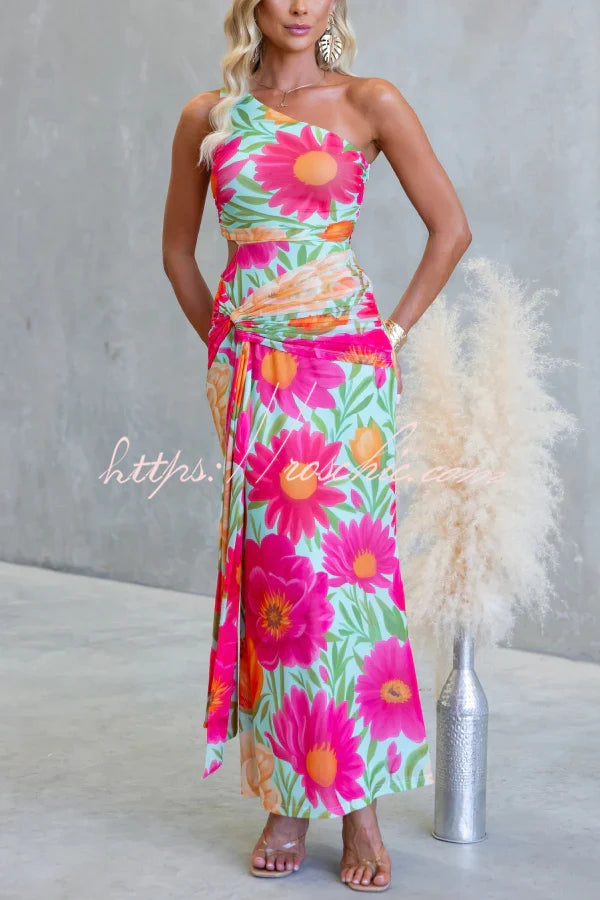 Unique Printed One-Shoulder Cutout Fitted Lace-Up Maxi Dress