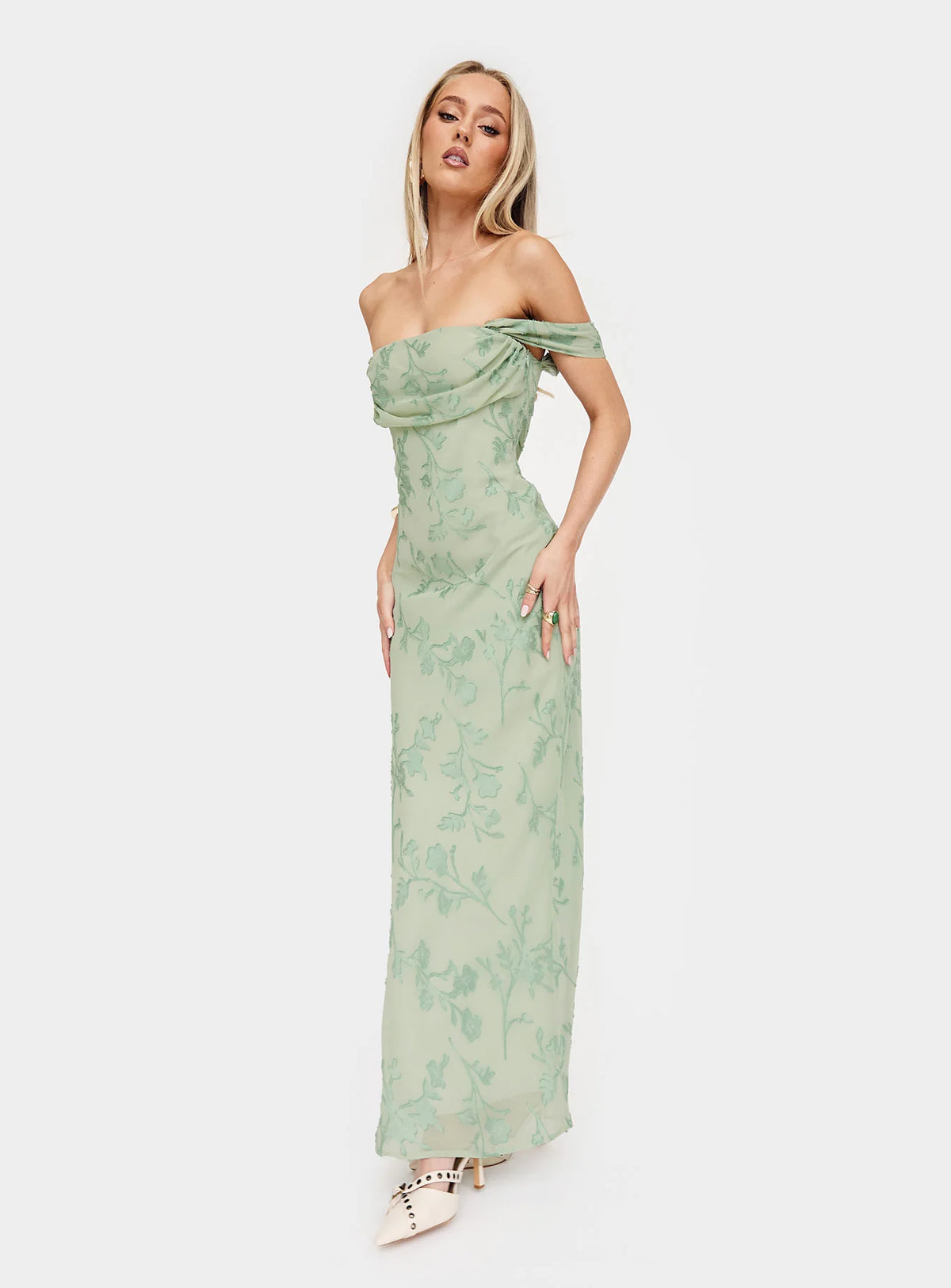 Azura Off The Shoulder Maxi Dress Green Burnout