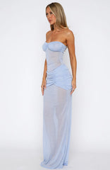 Sheer Grace Strapless Glitter Maxi Dress Powder Blue