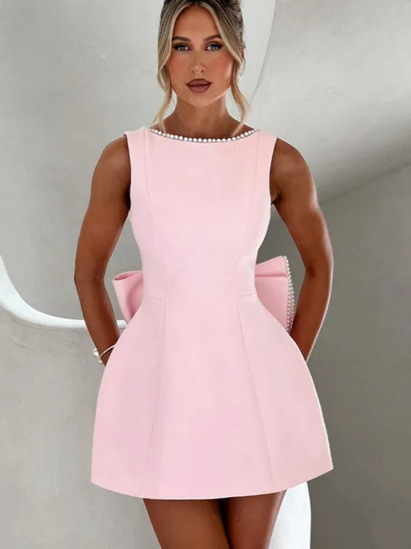 Pearl Bow Slim Backless A-Line Short Dress