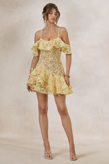 Lyris | Lemon Lace Scoop-Neck Mini Dress With Ruffled Detailing