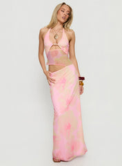 Dyanna Halter Mesh Maxi Dress Pink Floral