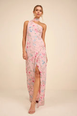 Adeline Light Pink Floral One-Shoulder Scarf Maxi Dress