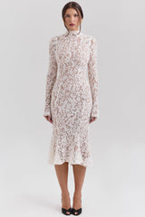 Sophia-Vintage Ivory Lace Fitted Midi Dress