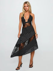 Down With Love Asymmetrical Midi Dress Black / White Polka Dot