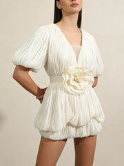 Ruched Deep V Neck Puff Sleeve 3D Flower Mini Dress