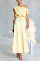 Solid Color One-shoulder Sleeveless Belted Casual Maxi Dress