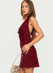Hypnotise Ruched Halter Mini Dress Burgundy Shimmer