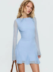 Evita Long Sleeve Pleat Mini Dress Sky Blue