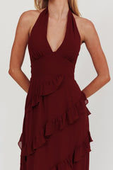 Flirt Frill Trim Halter Maxi Dress Wine