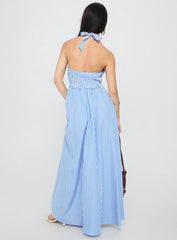 Ivie Halter Plunge Maxi Dress Blue Stripe