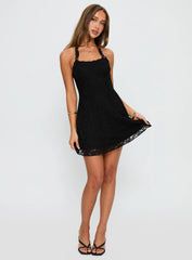 Front Page Halter Lace Mini Dress Black