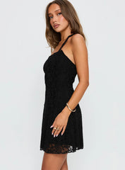 Front Page Halter Lace Mini Dress Black