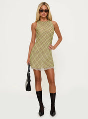Buffie Shoulder Mini Dress Green Check