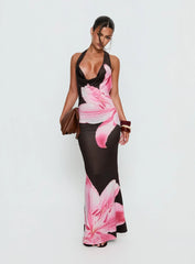 Kanara Halter Plunge Maxi Dress Chocolate / Pink Floral