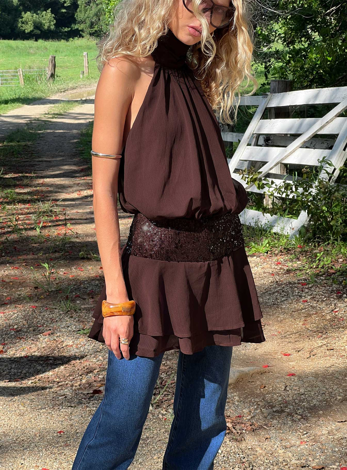 Zenayda Drop Waist Sequin Mini Dress Brown