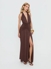 Diona Halter Ruched Maxi Dress Brown