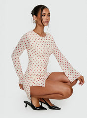 Nyxia Long Sleeve Mini Dress Cream / Red Polka