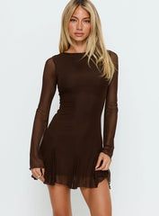 Evita Long Sleeve Pleat Mini Dress Chocolate