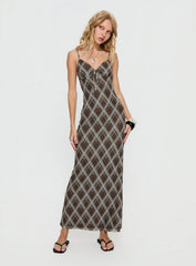 Idaline V Neck Maxi Dress Brown Check