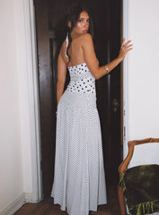 Marguerite Halter Maxi Dress White Polka Dot