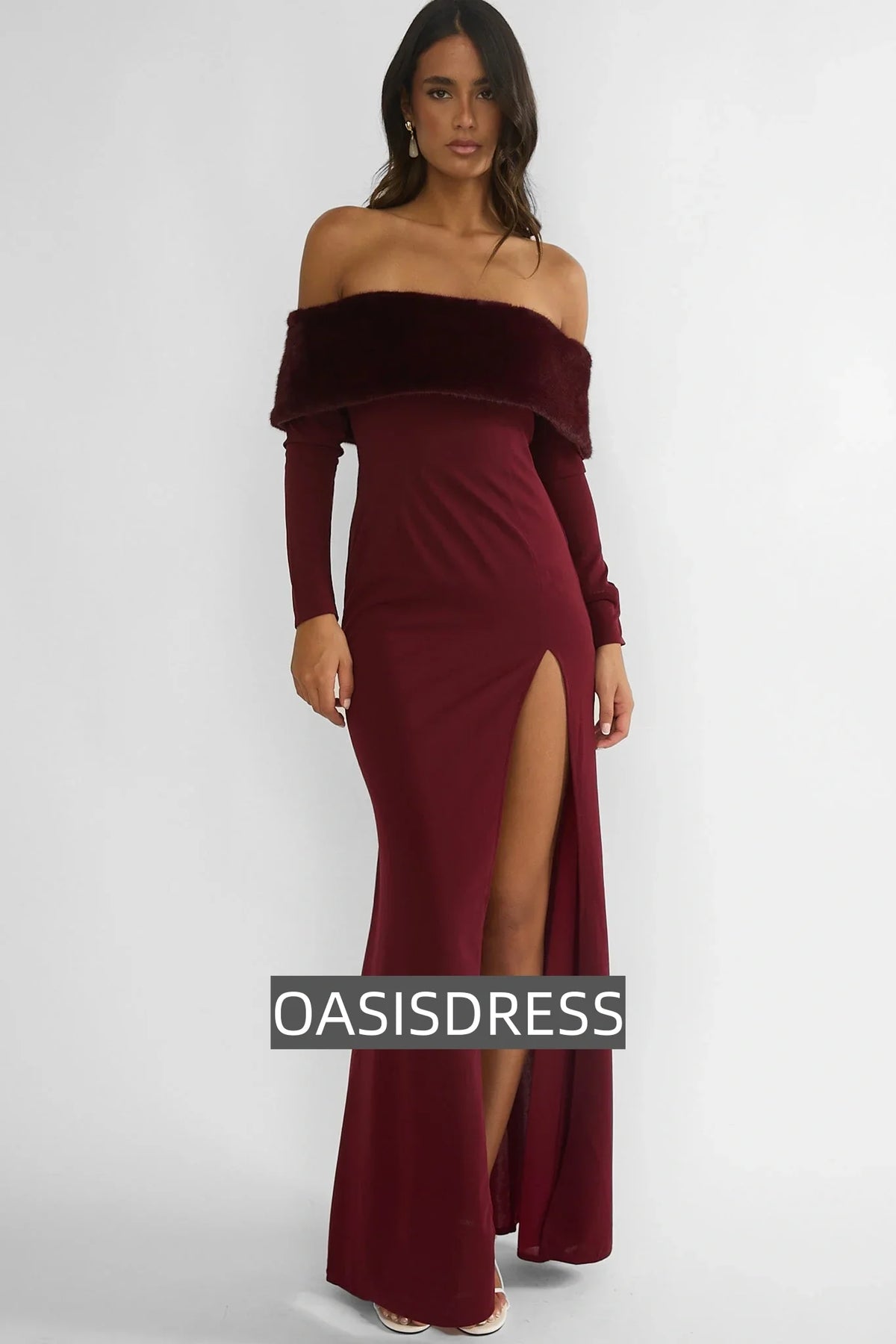 Noella Off-Shoulder Fur Trim Maxi Dress Wine