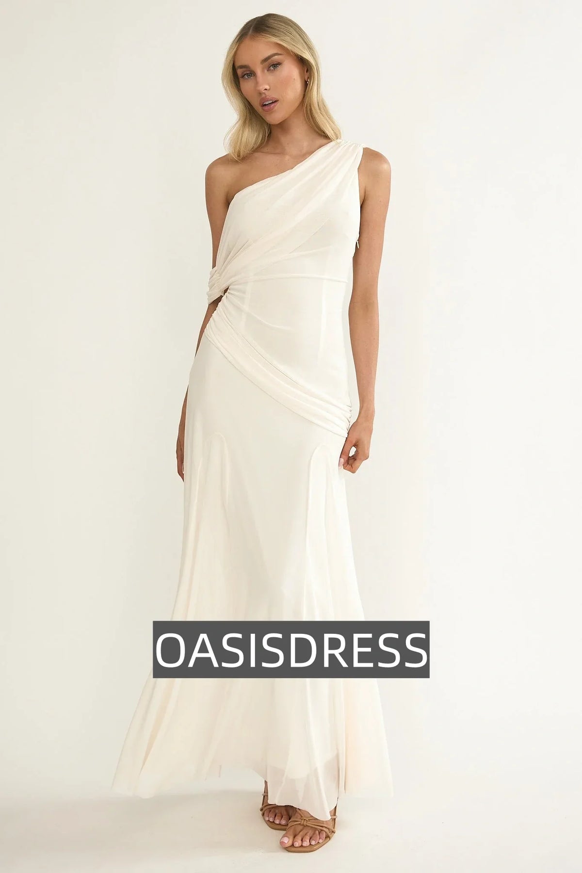 Anaisa Asymmetric Neckline Draped Maxi Dress Oyster