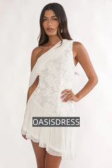 Anaisa One-Shoulder Draped Mini Dress Embellished Off White