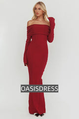 Aloura Off-Shoulder Ribbed Knit Maxi Dress Wine