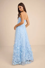 Lynly Light Blue 3D Floral Applique Tulle Maxi Dress