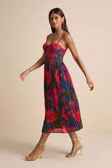Dorothy Dark Blue Multi Floral Print Pleated Midi Dress