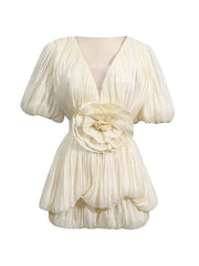 Ruched Deep V Neck Puff Sleeve 3D Flower Mini Dress