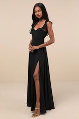 Dreamy Admiration Black Ruffled Maxi Dress