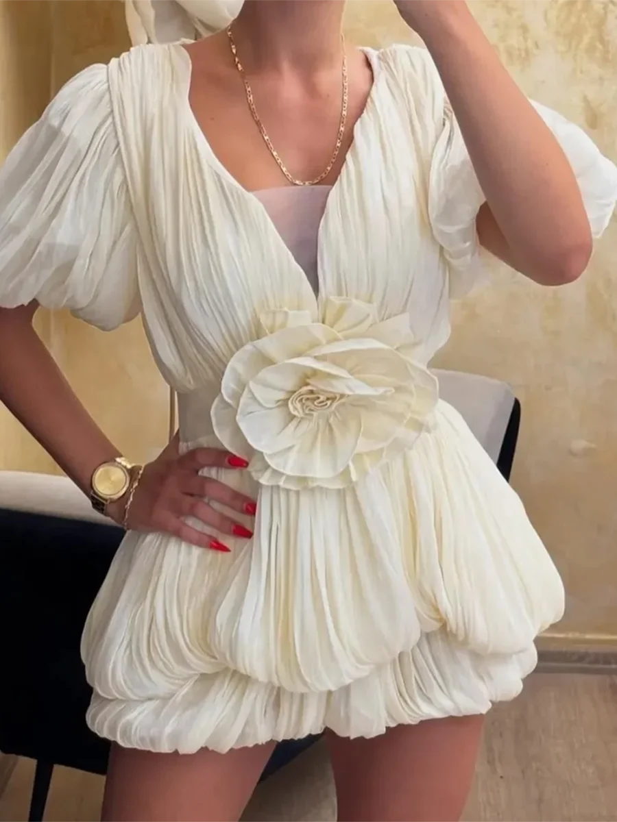 Ruched Deep V Neck Puff Sleeve 3D Flower Mini Dress