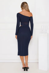More To Want Long Sleeve Mesh Midi Dress Navy
