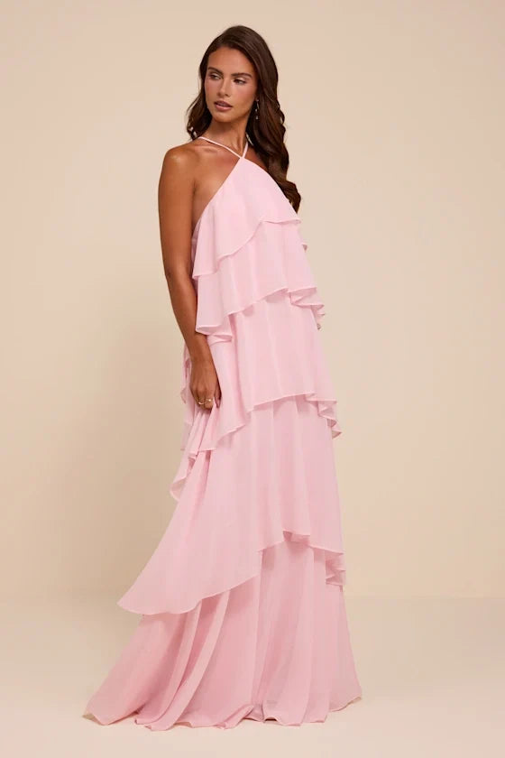 Aveley Light Pink Tiered Shift Maxi Dress