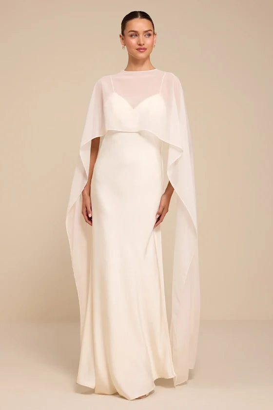 Mercedes White Satin Cape Wedding Dress