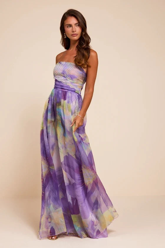 Galilea Purple Multi Floral Strapless Maxi Dress