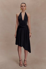 Zelda Asymmetric Slinky Midi Dress - Black