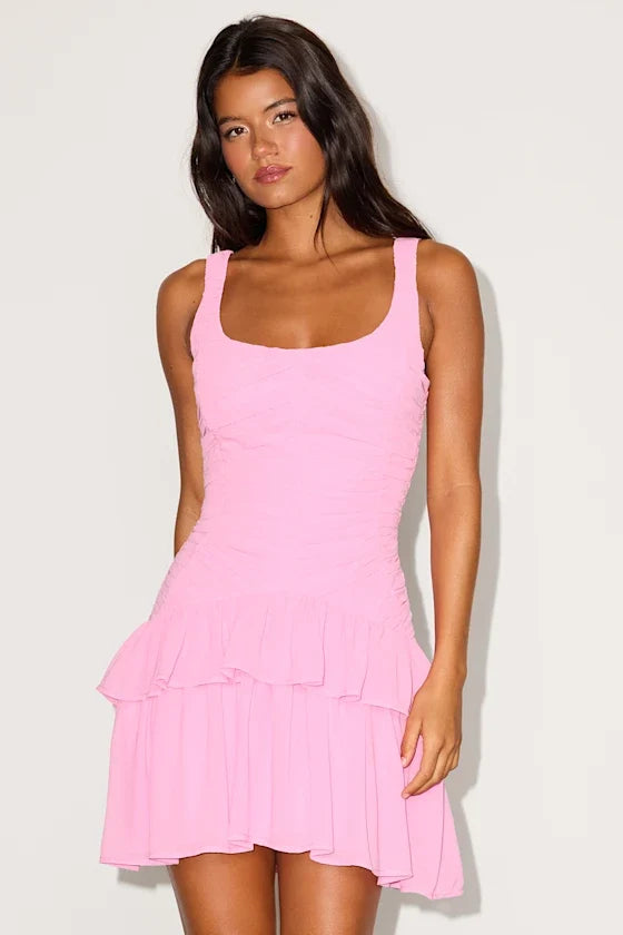 Castoria Pink Pleated Tiered Mini Dress