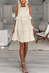 Halter Neck Tiered Cotton Linen Mini Dress